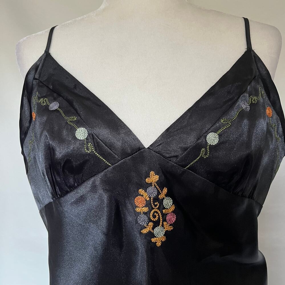 Vtg Y2K Embroidered Slip Dress Sz L Goth Fairy Embroidered Satin Delicates Black - Picture 2 of 11